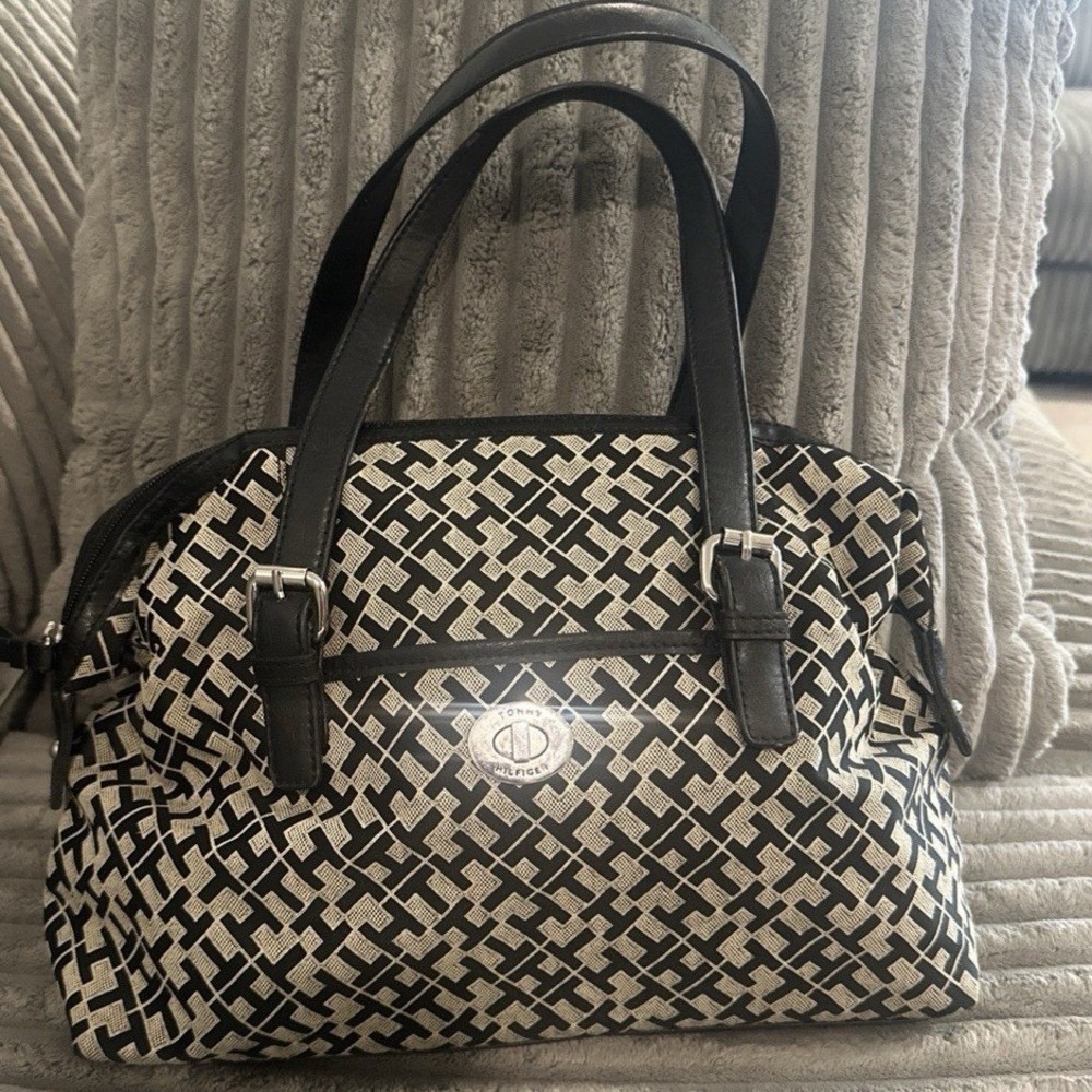 Tommy Hilfiger Canvas Monogram Handbag Purse Double Strap Silver Hardware Zipper